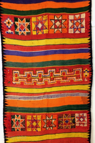 Morocco, Bedouins from the South who adapted the arabic customs.
Loom woven like a kilim but different from Iranian of Turkish kilims. 
Much thicker, very thick wool threads on black goat wool warp  ...