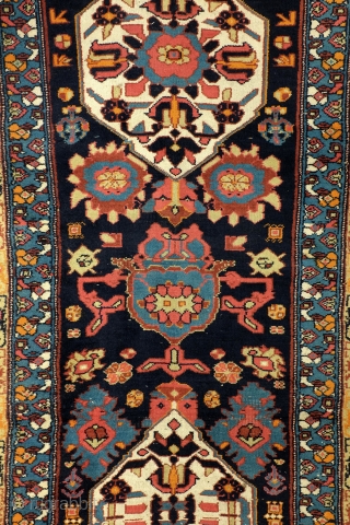 Harshang motif, Kurdisch, Bidjar area, dark blue ground in contrast with the sparkling colors. Dragons in the soft yellow border. Nice tomado red.  
305 x 100 Cm. 10 ft. x 3.3  ...