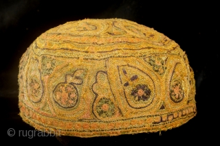 Cap,Turkman, fine embroidery with gold brocade. 
High 10 cm. wide 18 cm.                     