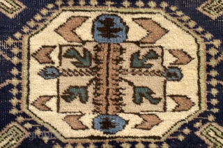 Kazak, Konaghend, Shirvan area, 125 x 225 Cm. Ivory ground, possibly a dowry gift. 
1920 - 1930. Rarely seen pattern on knotted carpets - mostly on soumacks. 
     