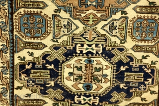 Kazak, Konaghend, Shirvan area, 125 x 225 Cm. Ivory ground, possibly a dowry gift. 
1920 - 1930. Rarely seen pattern on knotted carpets - mostly on soumacks. 
     