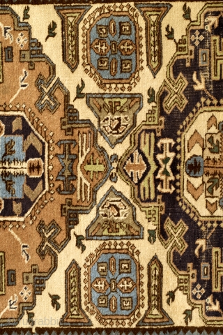 Kazak, Konaghend, Shirvan area, 125 x 225 Cm. Ivory ground, possibly a dowry gift. 
1920 - 1930. Rarely seen pattern on knotted carpets - mostly on soumacks. 
     