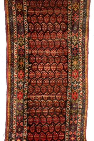 Georgian rug, west Caucasus, antique,  107 x 360 Cm. 3.5 x 12 feet. natural colors. 
wear in the top border.. Price very reasonable.         