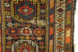 Antique rug Ganja, or Moghan, Shirvan area Caucasus. 
wool on wool. AS IS. as found, with old repairs, patine, fair and nice pile. 
Full of Memling guls, animals and stars. 
Natural colors  ...