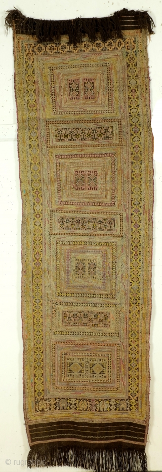 Antique Verneh Karabach, south Caucasus, Armenian culture, Silk on a kilim ground of dark brown wool. 
275 x 77 Cm. 9 feet x 2.5 feet. 
Makers of this technique moved away from  ...