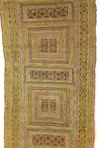 Antique Verneh Karabach, south Caucasus, Armenian culture, Silk on a kilim ground of dark brown wool. 
275 x 77 Cm. 9 feet x 2.5 feet. 
Makers of this technique moved away from  ...