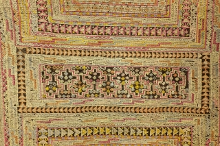 Antique Verneh Karabach, south Caucasus, Armenian culture, Silk on a kilim ground of dark brown wool. 
275 x 77 Cm. 9 feet x 2.5 feet. 
Makers of this technique moved away from  ...