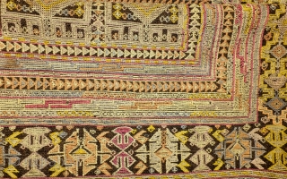 Antique Verneh Karabach, south Caucasus, Armenian culture, Silk on a kilim ground of dark brown wool. 
275 x 77 Cm. 9 feet x 2.5 feet. 
Makers of this technique moved away from  ...