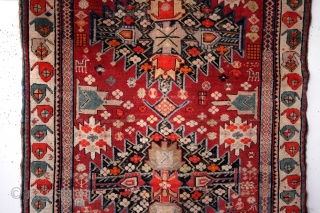 Karabach, Caucasus, 1900 - 1910. 
Nice corroded black, natural cochenille red. 
Original sides. 
280 x 120 Cms. and in medieval proportions: 9 ft.4"x 4 ft. 

SOLD ON CATAWIKI for € 750,00  