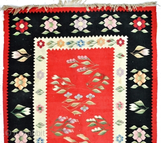 Stunning Balkanski Kilim, Bulgaria or Romania, 19th century or early 20th. 
200 x 110 Cm. Natural colors, Cochenille red. 
See detail photo's. 
Some minor holes, futher in perfect condition. Clean. 
Great greenish  ...