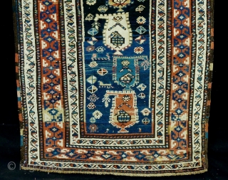 An antique Persian carpet Shahsavan (Northwest region, Azerbaijan).
Very nice elegant piece in gallery format. In the rare narrow
The main field marked in blue is made up of twelve vertically
colorful boteh variation, also  ...