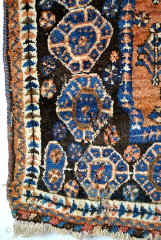 antique Afshar, called by Ashar Doj Goli a Parizi, two flowers from Parizi. 
Nice corroding in the brown/black wool. 

from €650,00 to €450,00          