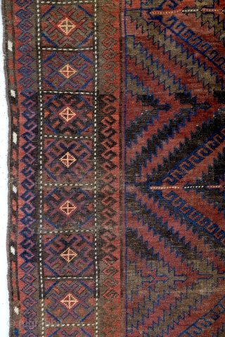 Belouch, antique, 1880. 
270 x 150 Cm. 
Beautiful corrodation in the dark wool. 
All natural colors. 
unusual big.               