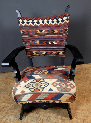 Chair from the 50-ts with Qashqai kilim. 
Oak with old fashioned springs. 
In good condition, sits great.                