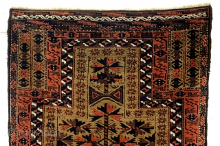Sold
Antique Beloudj Prayer Rug. 
1870-1895.
160 x 86 Cm.   5.3 ft x 2.8 ft.  

High quality. 
Camel ground, embroidered edges. 
Warp and weft of white wool.     