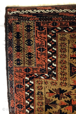 Sold
Antique Beloudj Prayer Rug. 
1870-1895.
160 x 86 Cm.   5.3 ft x 2.8 ft.  

High quality. 
Camel ground, embroidered edges. 
Warp and weft of white wool.     