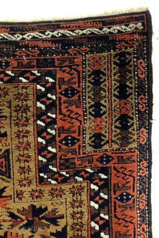 Sold
Antique Beloudj Prayer Rug. 
1870-1895.
160 x 86 Cm.   5.3 ft x 2.8 ft.  

High quality. 
Camel ground, embroidered edges. 
Warp and weft of white wool.     