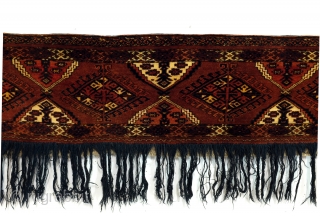 Torba Ersari Yomouth. 
150 x 40 without the fringes. 
150 x 60 with. 

not Choudor. 
Looks Choudor by the design, but Yomouth people made this design too. 
The difference is symetric knots  ...