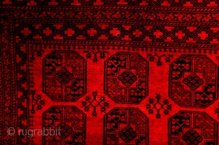 Afghan Bochara.
Wool on wool. 
340 x 250 Cm. 11.3 ft. x 8.3 ft. 
Deep velvet glow and great wide borders! 
1930. 80 years old.  

       