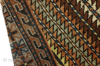 Gendje, Caucasus. 
207 x 110 Cm. 7 ft. x 3.6 ft. 
Wool on wool. 
Warp thick brownish wool. 

Typical pattern for Gendje. 
Old colors, full pile. Gool condition. 
Running dog borders flanking  ...