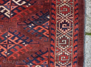 Yomud main rug, 305 x 171 cm., ca. 1900, in full pile and with fine weave. Sides and endings original and secured. Two areas with reknotting (see pict. 3 and 7). A  ...