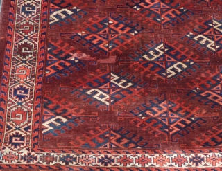 Yomud main rug, 305 x 171 cm., ca. 1900, in full pile and with fine weave. Sides and endings original and secured. Two areas with reknotting (see pict. 3 and 7). A  ...