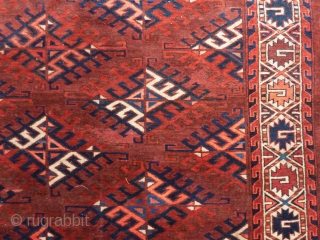 Yomud main rug, 305 x 171 cm., ca. 1900, in full pile and with fine weave. Sides and endings original and secured. Two areas with reknotting (see pict. 3 and 7). A  ...