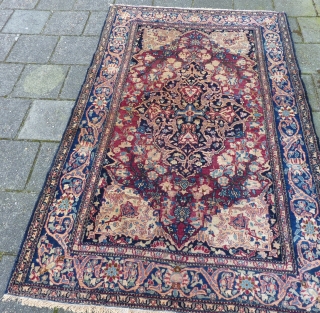 Isfahan, 206 x 131/141 cm., ca. 1900 in perfect, unrestored condition. Fine weave and a floppy handle. All natural dyes, endings secured. Will definitely better from a wash. Last picture taken in  ...