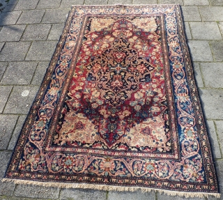 Isfahan, 206 x 131/141 cm., ca. 1900 in perfect, unrestored condition. Fine weave and a floppy handle. All natural dyes, endings secured. Will definitely better from a wash. Last picture taken in  ...