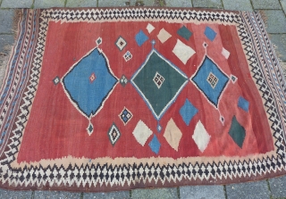 Funky Qashqai Kilim, 230 x 157/150 cms., with some minor repairs. All natural dyes and also a stroke of 30 cms. with probably a synth. pink one: only there some color run  ...