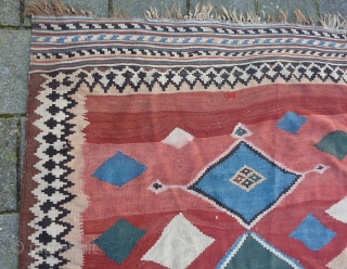 Funky Qashqai Kilim, 230 x 157/150 cms., with some minor repairs. All natural dyes and also a stroke of 30 cms. with probably a synth. pink one: only there some color run  ...