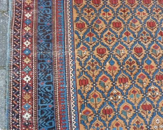Caucasian Kuba Shirvan, 211 x 131 cms., end 19th c. Woolen warps, cotton wefted. With three localized areas of wear, as seen on the last three pictures. Selvedges needs attention. All natural  ...
