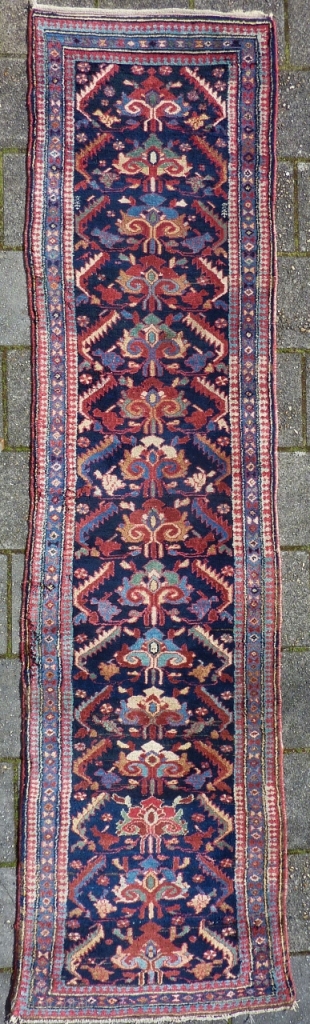 Antique Kurdish NW-Persian narrow Runner 308 x 84/76 cm., 10' 1" x 2'9"/2'6". Good pile all over, all natural dyes, with a narrow width of 2' 6", widening to a 2' 9"  ...