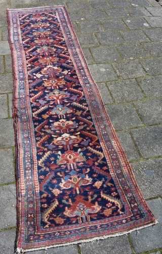 Antique Kurdish NW-Persian narrow Runner 308 x 84/76 cm., 10' 1" x 2'9"/2'6". Good pile all over, all natural dyes, with a narrow width of 2' 6", widening to a 2' 9"  ...