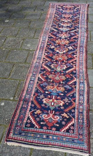 Antique Kurdish NW-Persian narrow Runner 308 x 84/76 cm., 10' 1" x 2'9"/2'6". Good pile all over, all natural dyes, with a narrow width of 2' 6", widening to a 2' 9"  ...