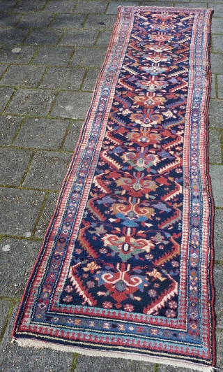 Antique Kurdish NW-Persian narrow Runner 308 x 84/76 cm., 10' 1" x 2'9"/2'6". Good pile all over, all natural dyes, with a narrow width of 2' 6", widening to a 2' 9"  ...