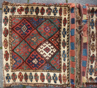 Antique Jaff Kurdish double bag, 112 x 63 cm.,end 19th c., good pile all over, some small repairs done, all natural dyes including a nice aubergine. Washed.      