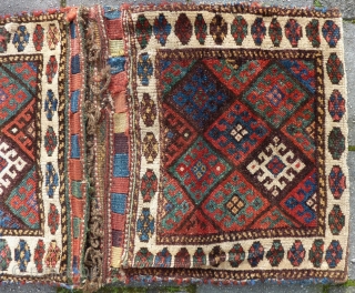 Antique Jaff Kurdish double bag, 112 x 63 cm.,end 19th c., good pile all over, some small repairs done, all natural dyes including a nice aubergine. Washed.      