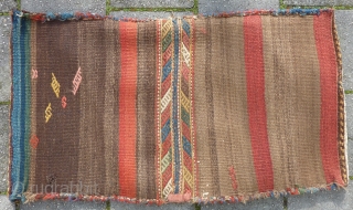 Antique Jaff Kurdish double bag, 112 x 63 cm.,end 19th c., good pile all over, some small repairs done, all natural dyes including a nice aubergine. Washed.      