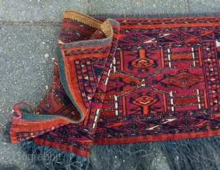 Saryk Turkmen Torba 116 x 38 cm., 3' 10 x 15". Great condtion without any wear and in full pile, with lower cotton for the whites. Washed. Very slightly tip faded orange-red  ...