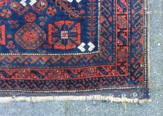 Baluch mina khani Bagface 19th. c., 81  x 74 cm., 32" x 29". With reasonable pile, a few silk knots and four finger thick seize holes. At the bottom kilim ending  ...