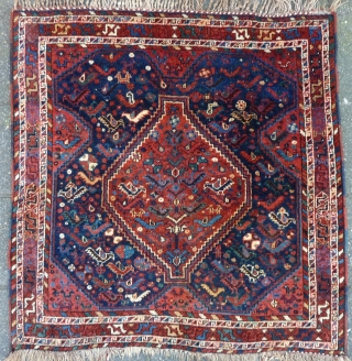 Glowing Qashqai square rug, 112  x 112 cm., 3'8" x 3'8", ca. 1900. Full pile, without any wear. Great saturated dyes, all natural. Five scattered mothing spots, fingertip seize and a  ...
