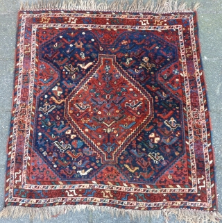 Glowing Qashqai square rug, 112  x 112 cm., 3'8" x 3'8", ca. 1900. Full pile, without any wear. Great saturated dyes, all natural. Five scattered mothing spots, fingertip seize and a  ...