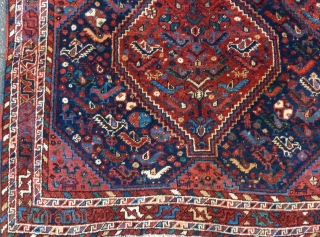 Glowing Qashqai square rug, 112  x 112 cm., 3'8" x 3'8", ca. 1900. Full pile, without any wear. Great saturated dyes, all natural. Five scattered mothing spots, fingertip seize and a  ...