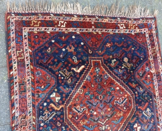 Glowing Qashqai square rug, 112  x 112 cm., 3'8" x 3'8", ca. 1900. Full pile, without any wear. Great saturated dyes, all natural. Five scattered mothing spots, fingertip seize and a  ...