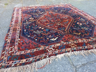 Glowing Qashqai square rug, 112  x 112 cm., 3'8" x 3'8", ca. 1900. Full pile, without any wear. Great saturated dyes, all natural. Five scattered mothing spots, fingertip seize and a  ...