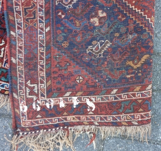 Glowing Qashqai square rug, 112  x 112 cm., 3'8" x 3'8", ca. 1900. Full pile, without any wear. Great saturated dyes, all natural. Five scattered mothing spots, fingertip seize and a  ...