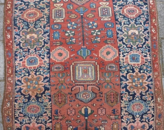 Antique NW Persian Kurdish Kelleh 244 x 121 cm., ca. 1910, with 3 small spots with foundation visible and 3 tiny spots with mothing, sides rewrapped. Endings secured.     