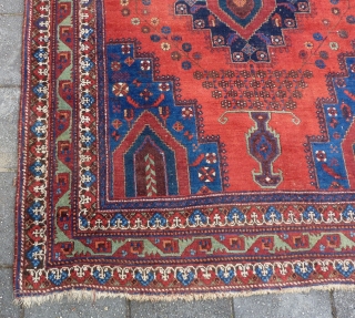 Afshar rug, ca. 1920, 211  x 161 cm., 6'11" x 5'3". In general good pile with original sides and endings. Corroded browns, a bit of lower pile at the central part  ...