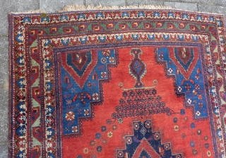 Afshar rug, ca. 1920, 211  x 161 cm., 6'11" x 5'3". In general good pile with original sides and endings. Corroded browns, a bit of lower pile at the central part  ...